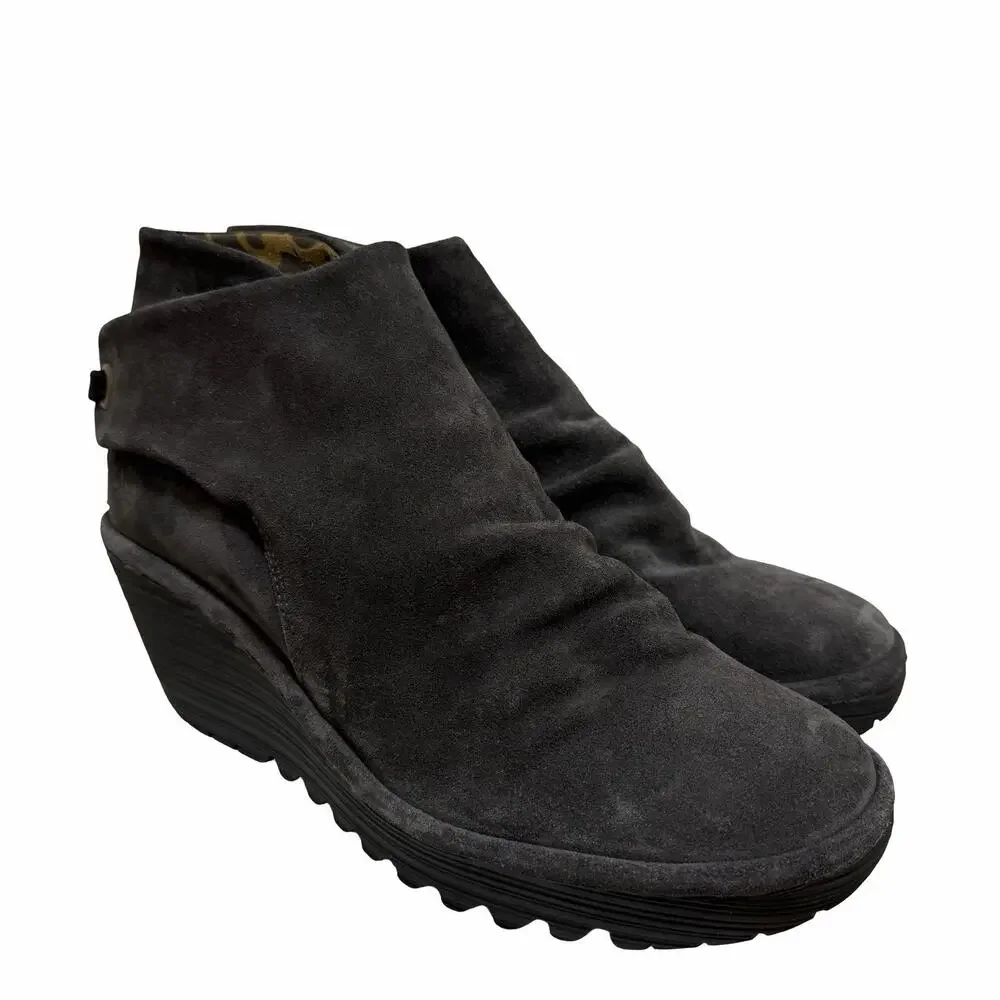 Fly London Womens Yebi Suede Ruched Wedge‎ Ankle Boots EU 41 US 10 Charcoal MINT
